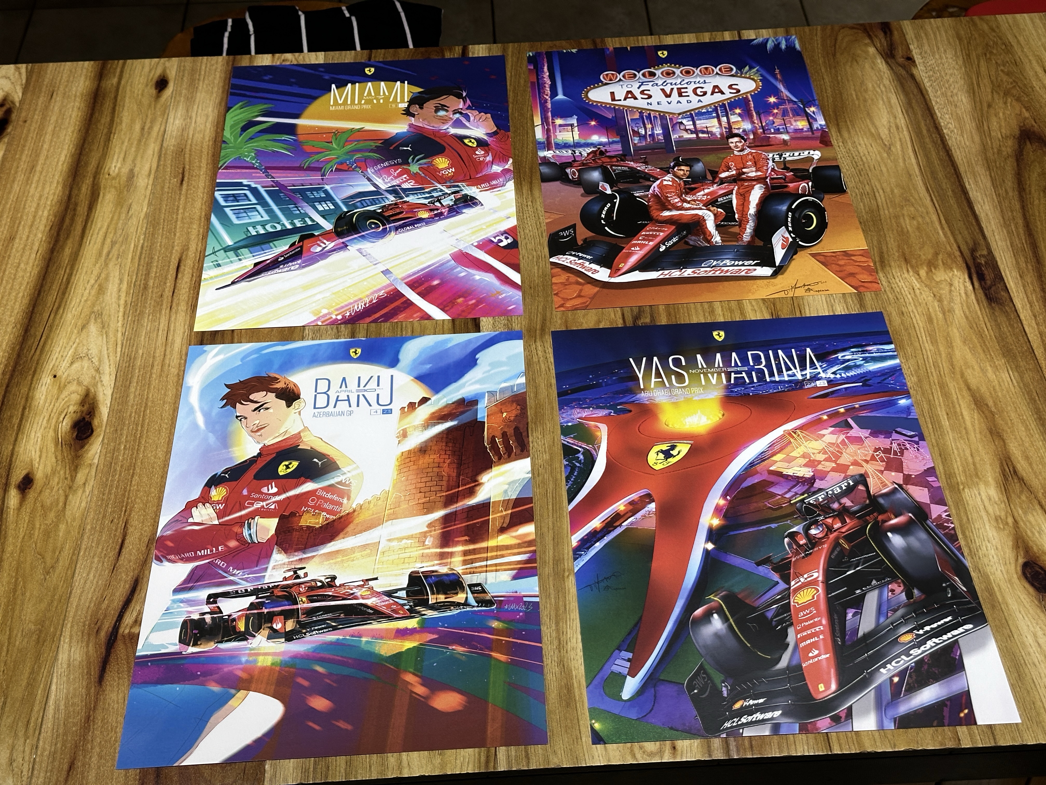 Complete 2023 Ferrari F1 cover art poster set — 22 satin-finish prints in A2 & A3 featuring each Grand Prix race